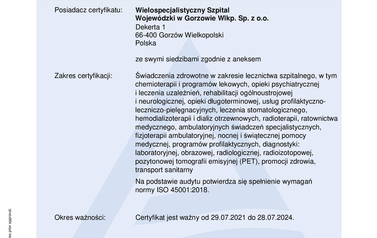 Certyfikaty Wielospecjalistycznego Szpitala Wojewódzkiego w Gorzowie Wlkp. Sp. z o.o. 1