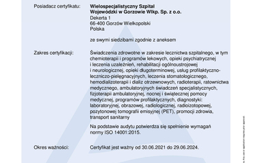 Certyfikaty Wielospecjalistycznego Szpitala Wojewódzkiego w Gorzowie Wlkp. Sp. z o.o. 2